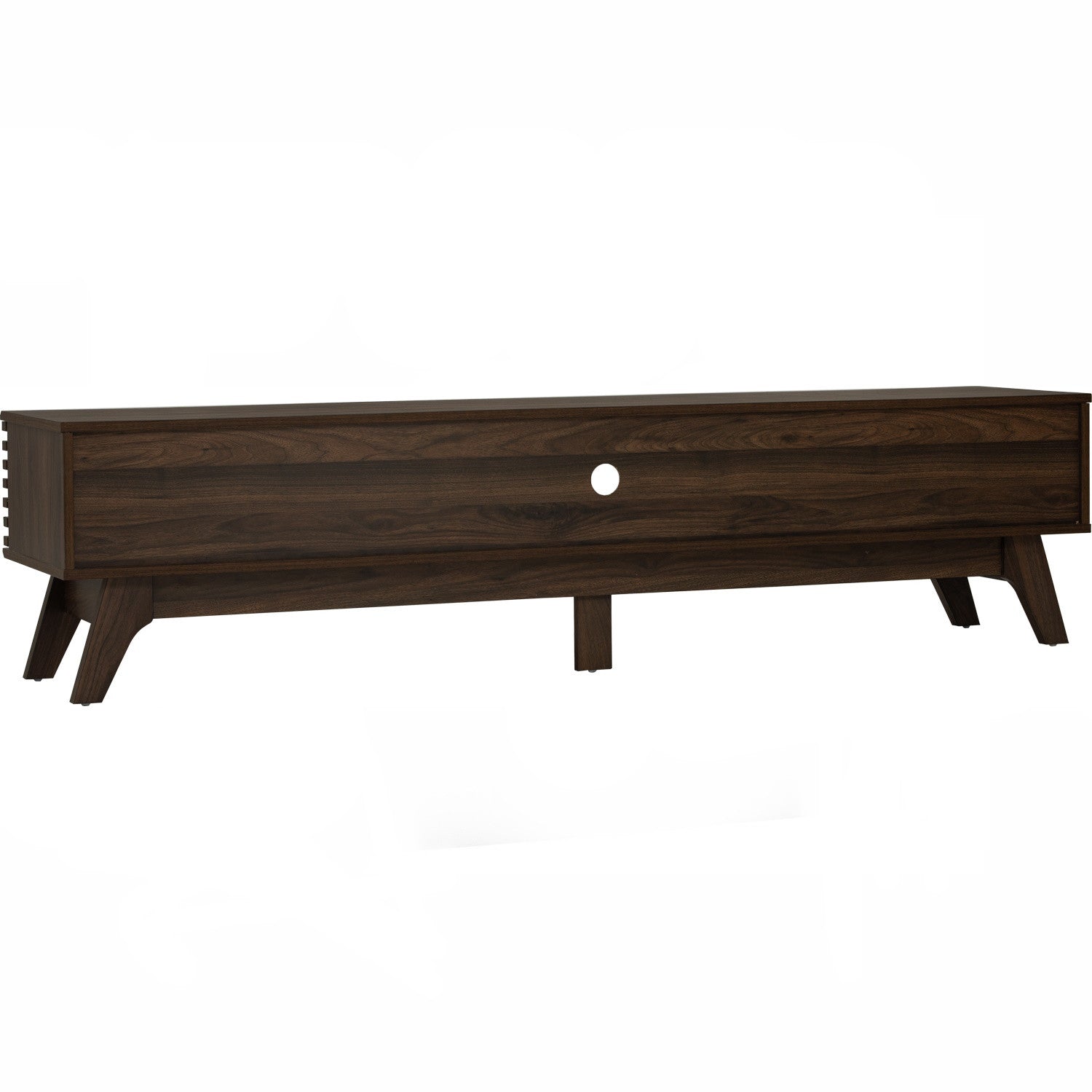 A long, low wooden media console or TV stand with a single drawer, shown on a plain white background. The wood has a dark brown finish with visible grain, and it features angled legs and a circular cutout on the front of the drawer.