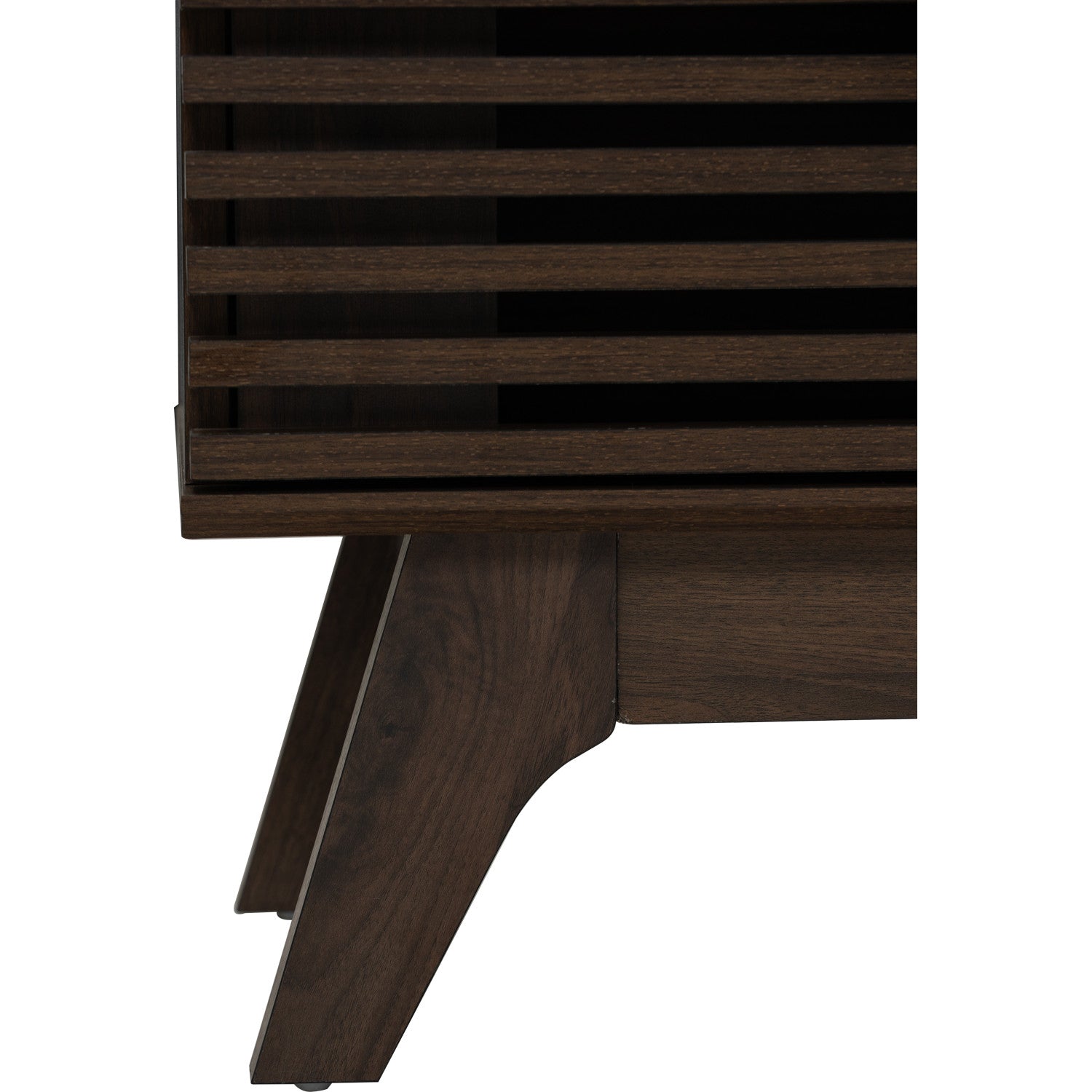 Close-up of a dark brown wooden cabinet or sideboard with horizontal slats and angled legs, shown against a plain white background.