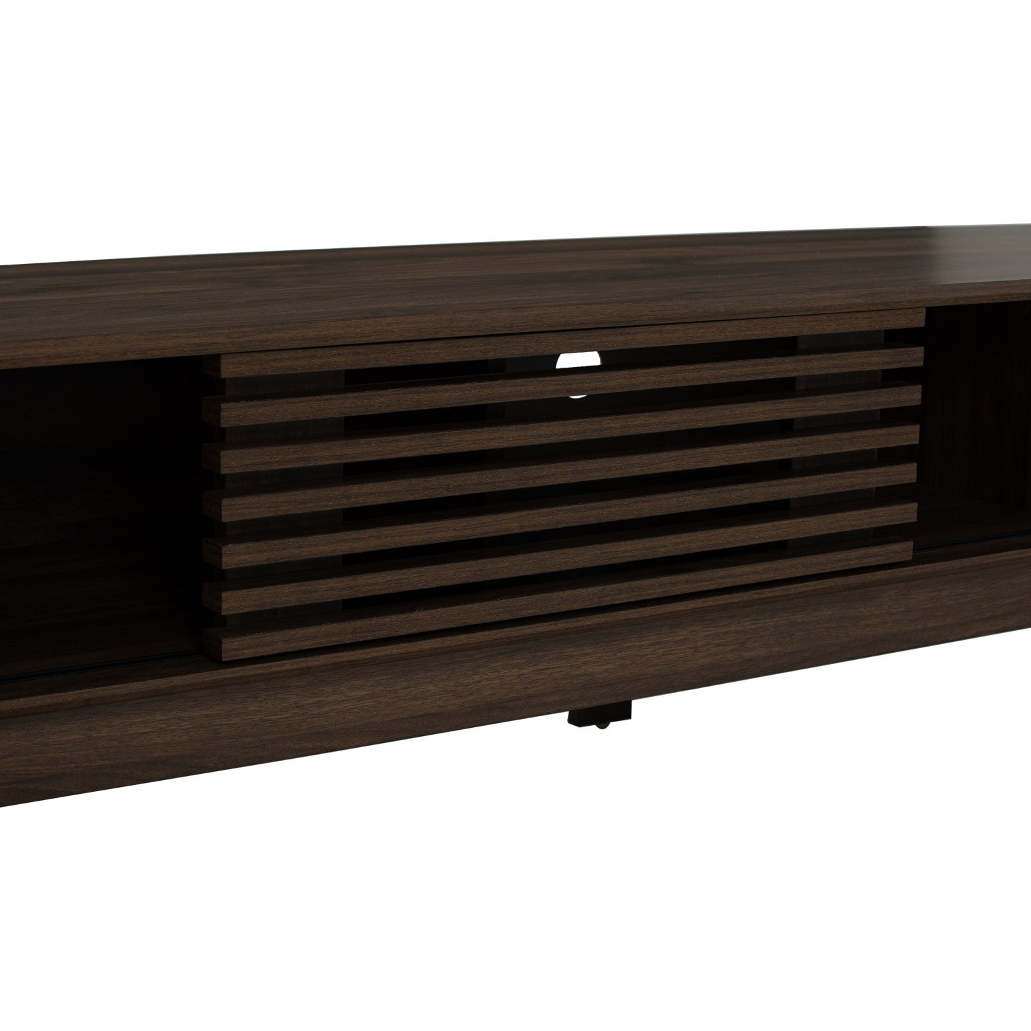 Close-up of a dark brown wood media console or TV stand with a slatted center cabinet door and open side compartments, shown against a plain white background.