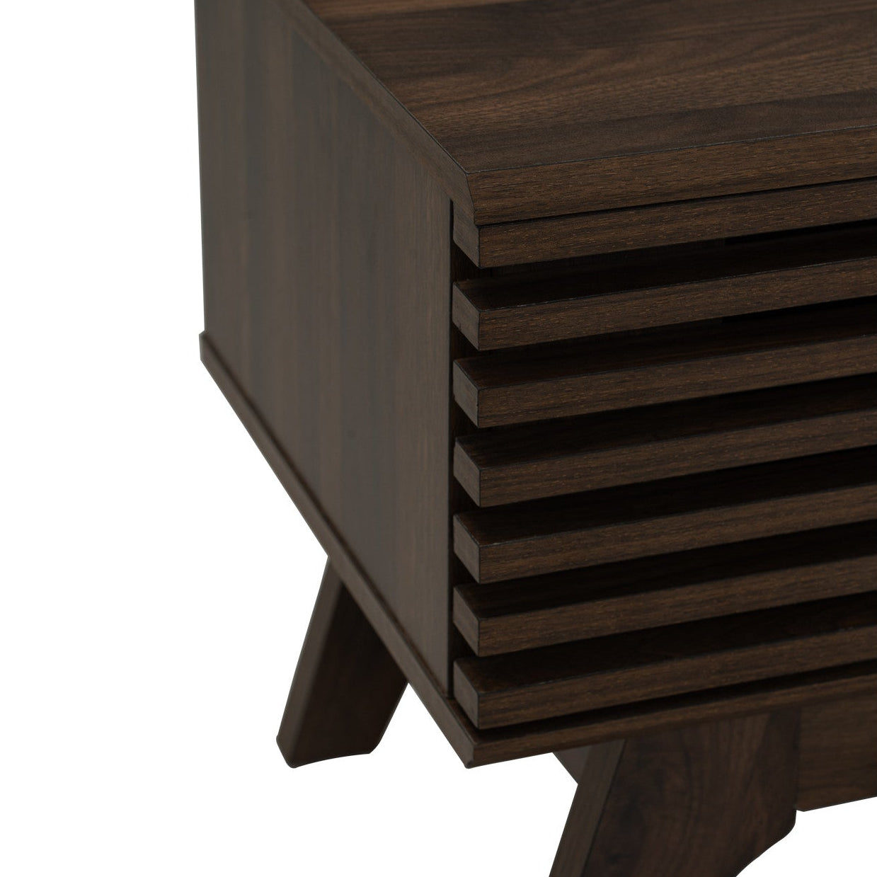 Close-up of a dark brown wooden sideboard or cabinet with a slatted front and angled legs, shown against a plain white background.