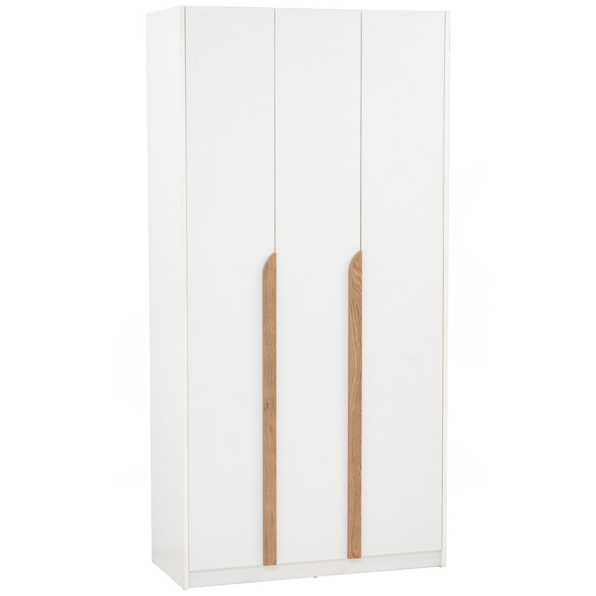 White wardrobe with wooden handles on a white background
