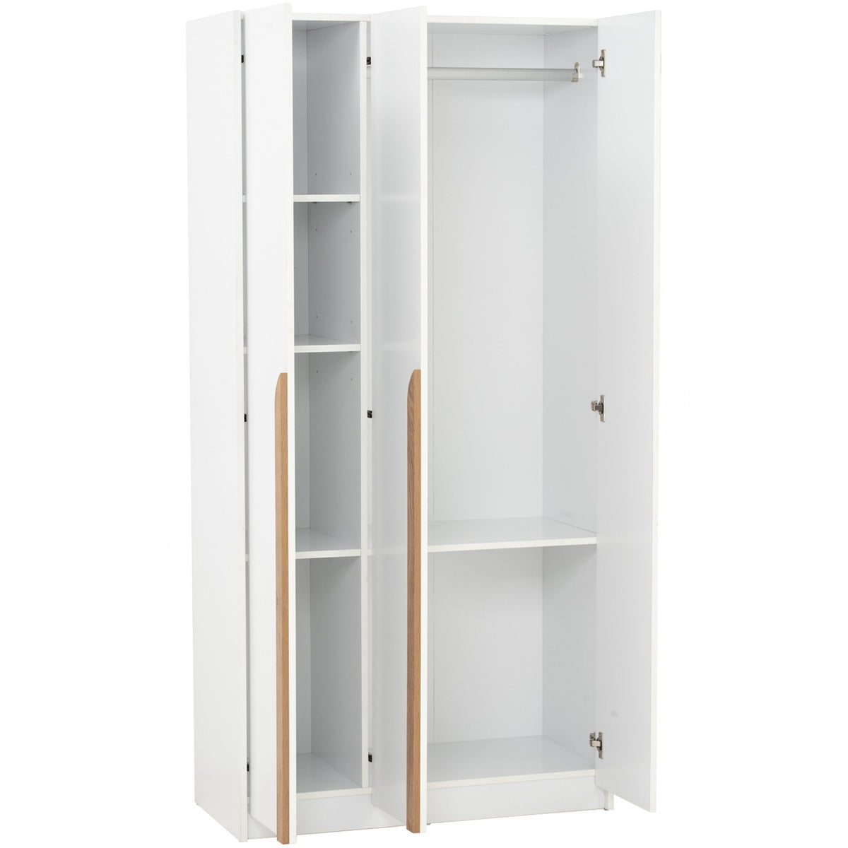 White wardrobe with wooden handles on a white background