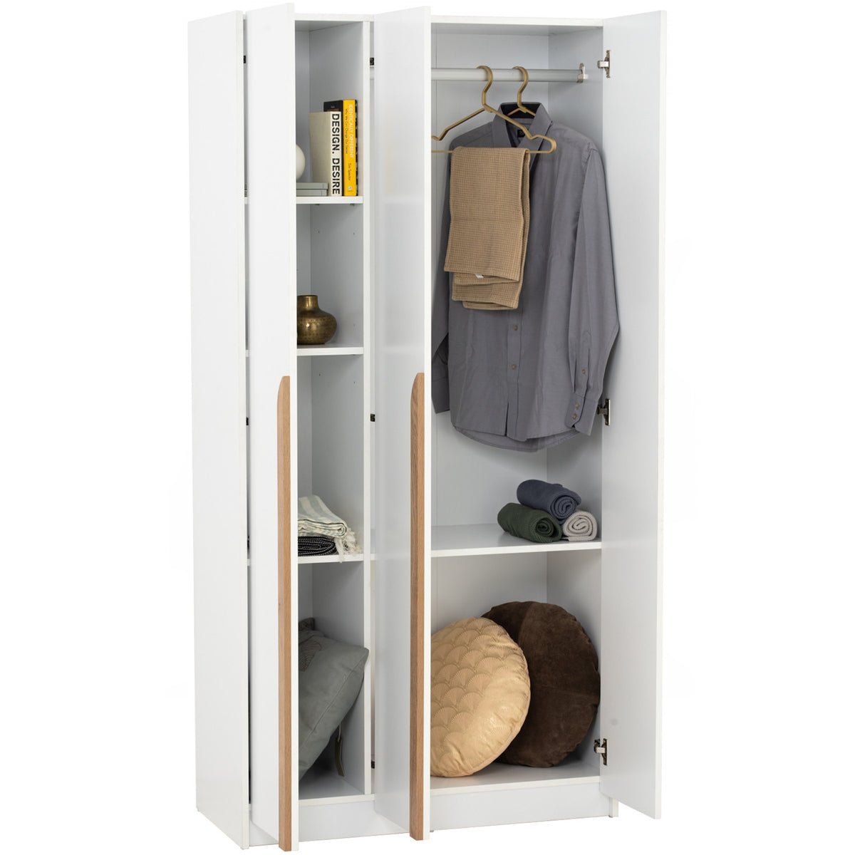 White wardrobe with wooden handles and clothes inside on a white background