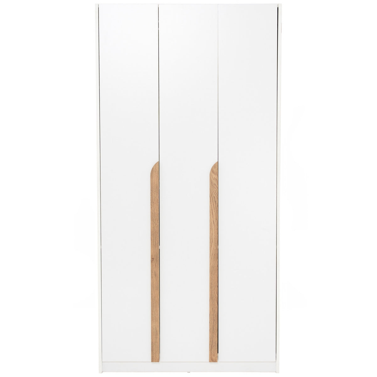 White wardrobe with wooden handles on a white background