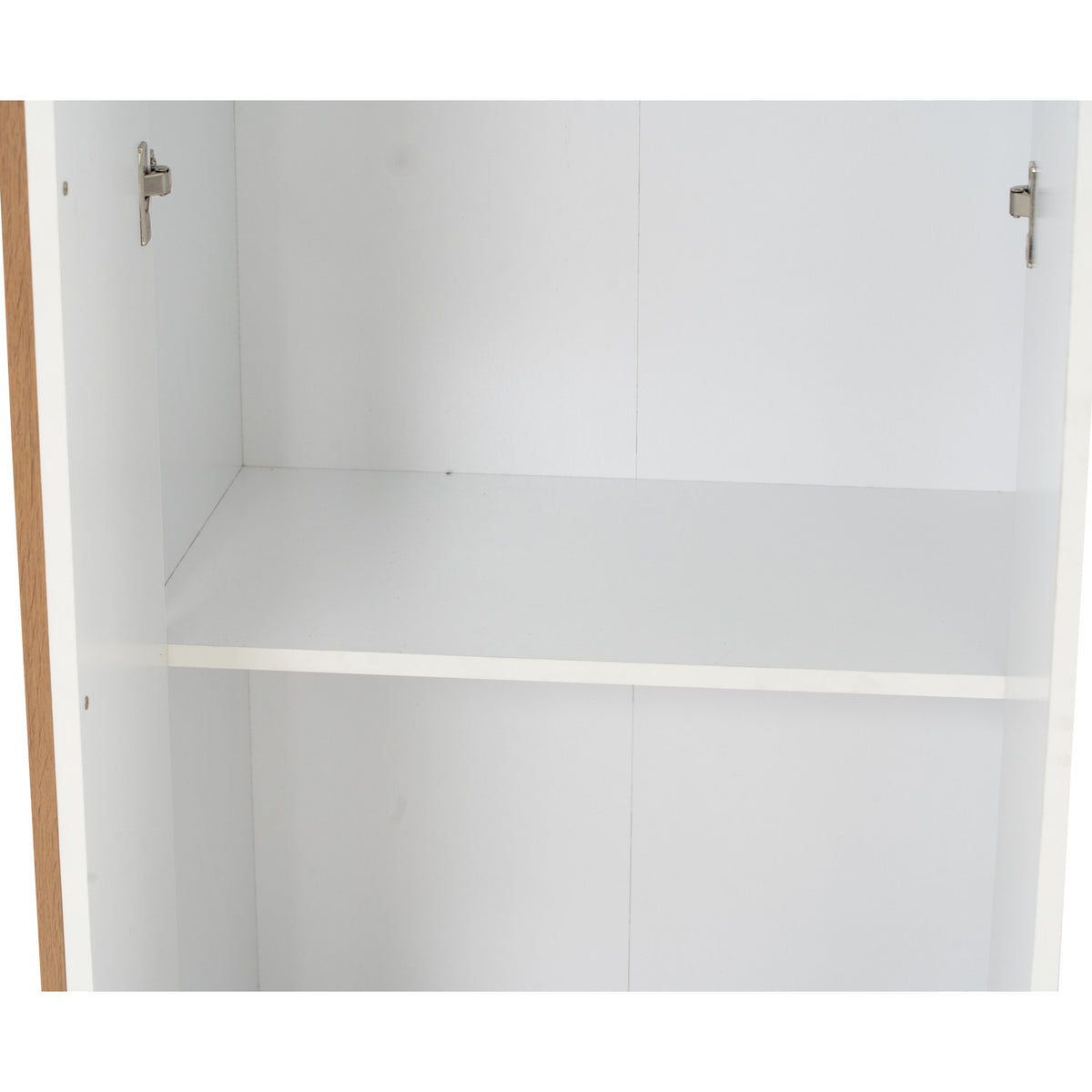 White wooden cabinet interior with a single shelf and silver metal hinges on the left and right sides.