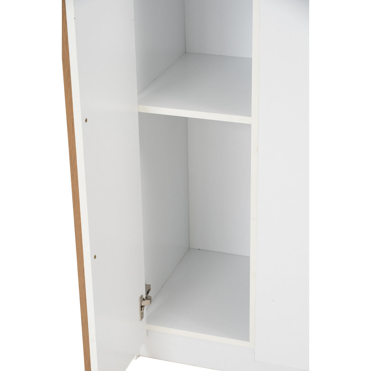 White cabinet with a partially open door on a white background