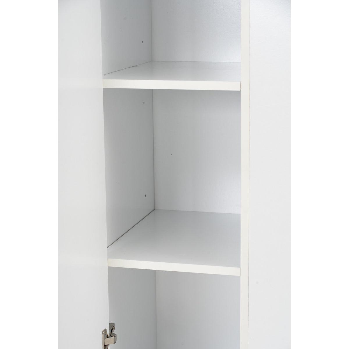 White corner cabinet with open doors on a white background
