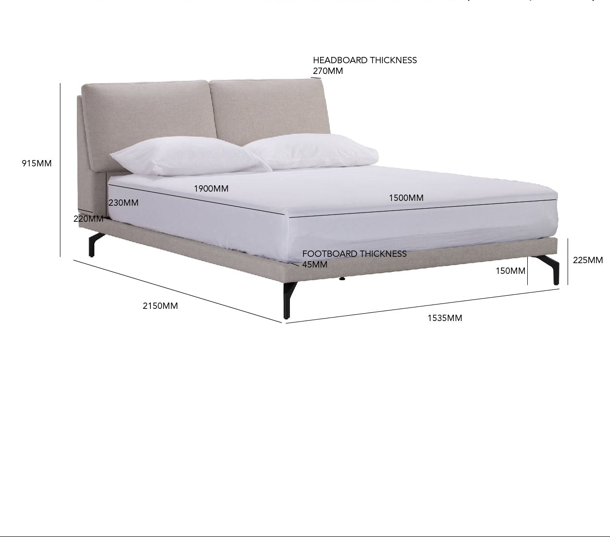 A dimension diagram of a Blandus Queen bed with 1900mm side rail, showing measurements for headboard thickness, mattress dimensions, footboard thickness, and overall bed dimensions on a white background.