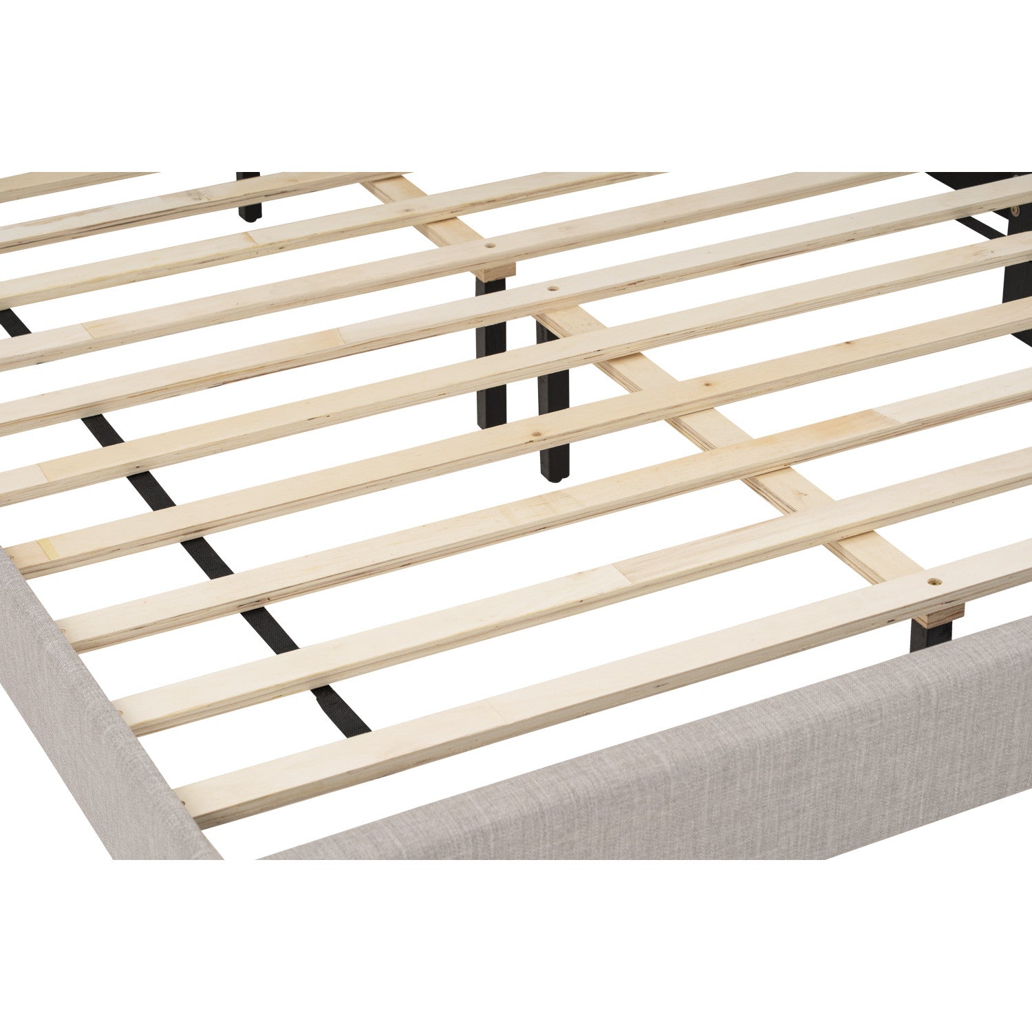 Wooden bed frame with slats on a white background