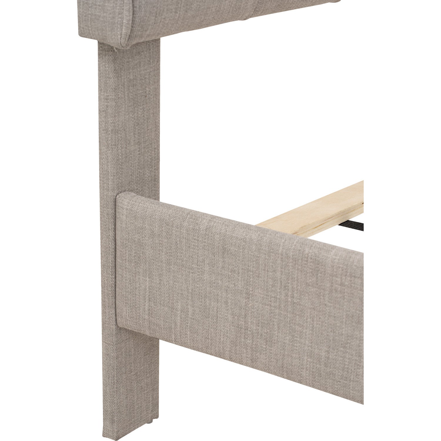 Close-up of a upholstered bed frame with wooden slats on a white background