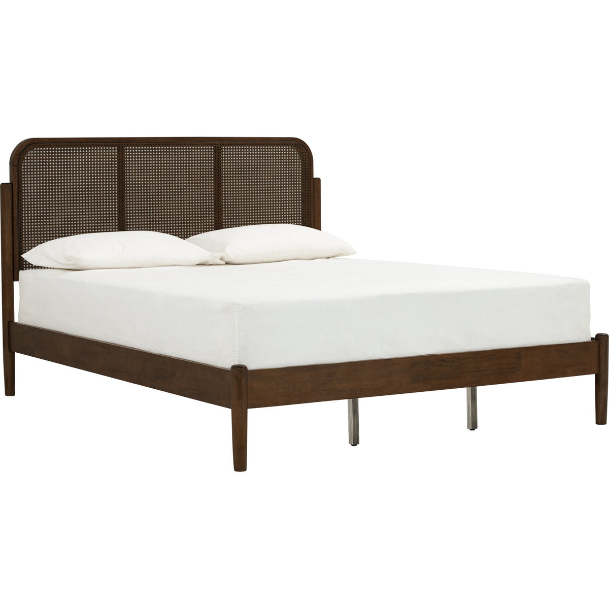 Wooden bed frame with white mattress and pillows on a white background