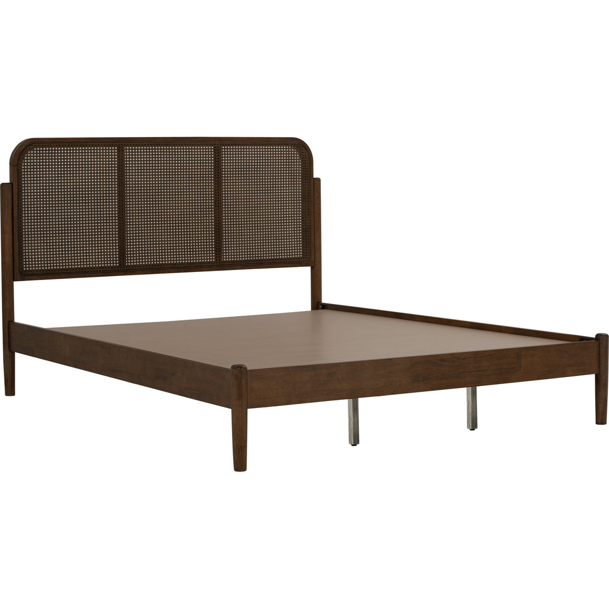 A dark brown wooden bed frame with a cane rattan headboard, shown from a three-quarter angle on a solid white background.