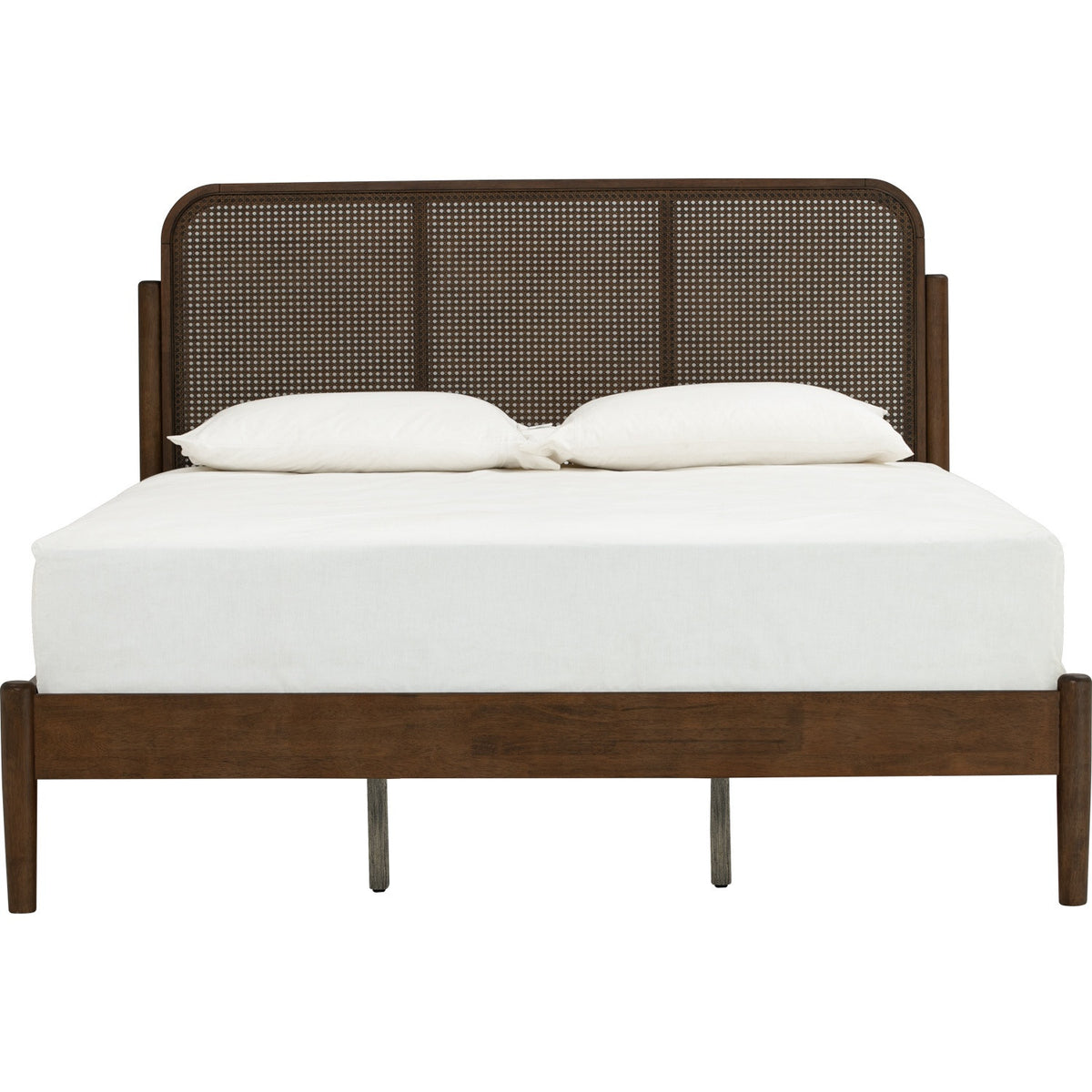 A modern wooden bed frame with a dark brown cane and wood slat headboard, shown with a white mattress and two white pillows on a solid white background.