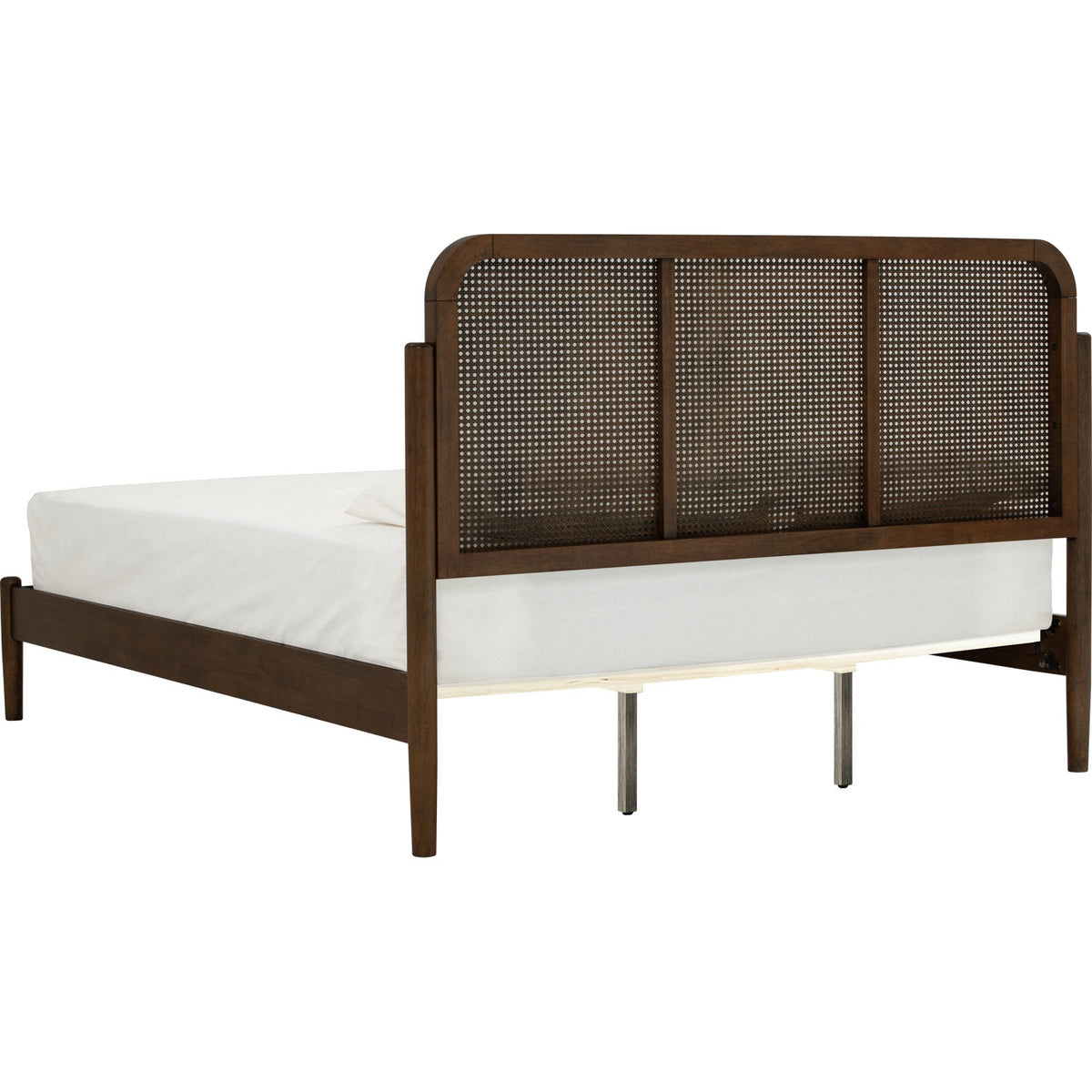A modern bed frame with a dark brown wood finish and a woven cane headboard, shown with a white mattress on a solid white background.