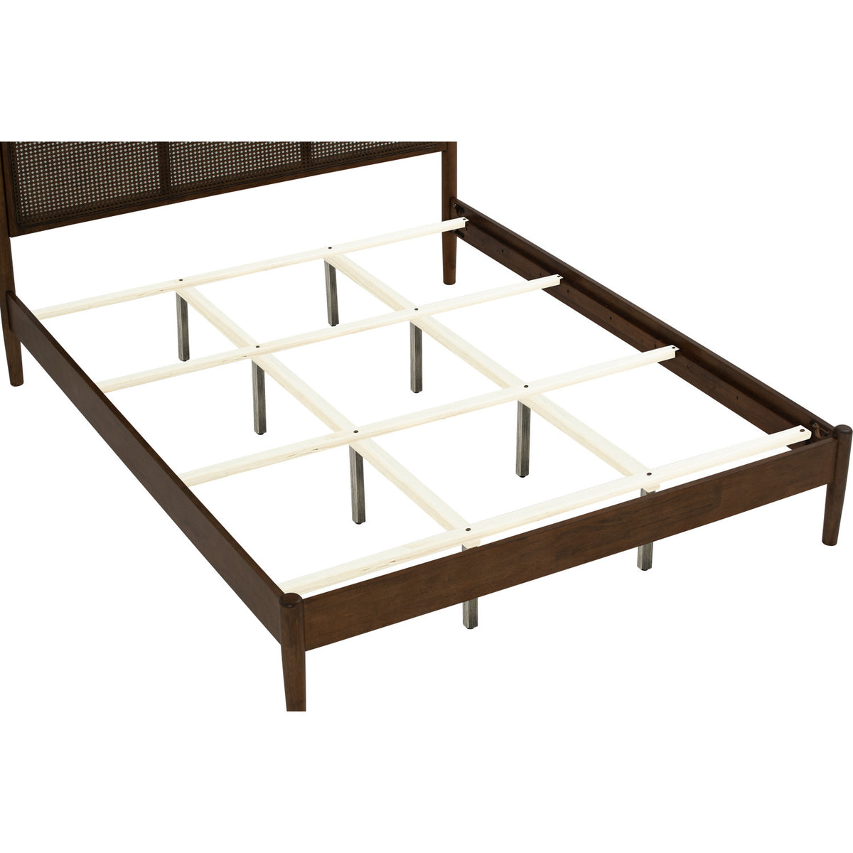 A dark brown wooden bed frame with a woven cane headboard and off-white metal slats, shown from an elevated angle on a white background.