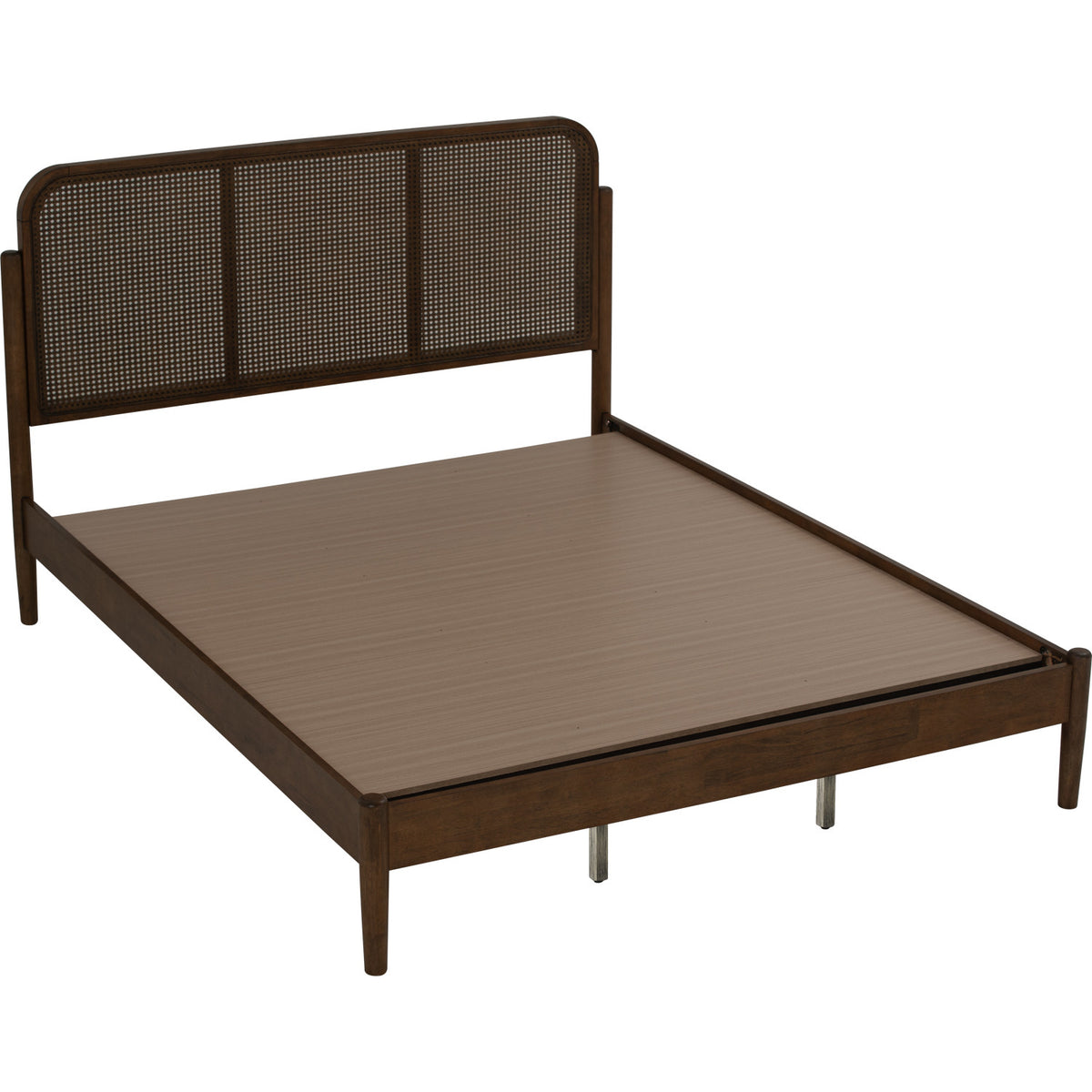 A modern platform bed frame in dark brown wood with a woven cane headboard, shown on a solid white background.