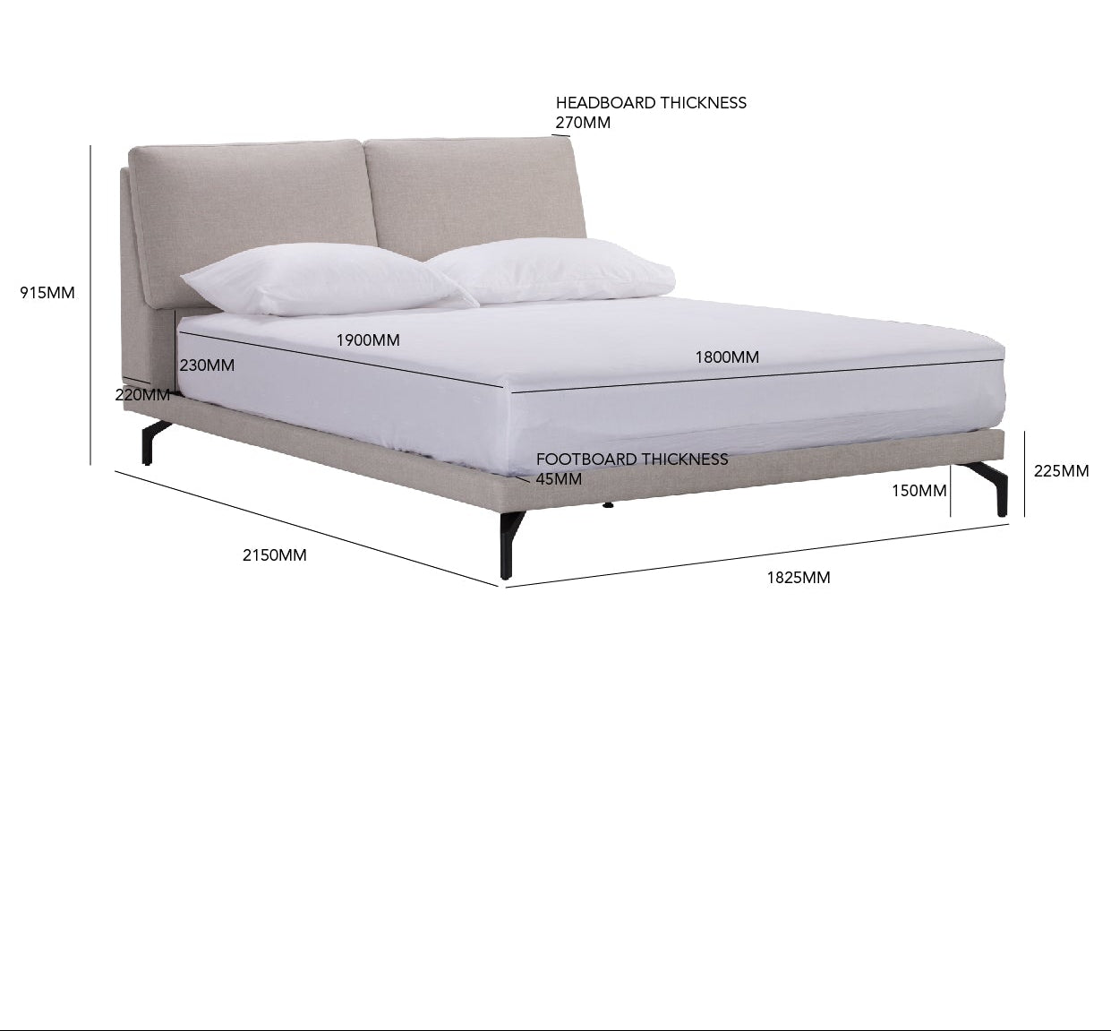 Bedroom furniture product diagram showing a Blandus King bed with 1900mm side rail, labeled dimensions for headboard thickness, mattress height, footboard thickness, bed width, and bed depth on a white background.