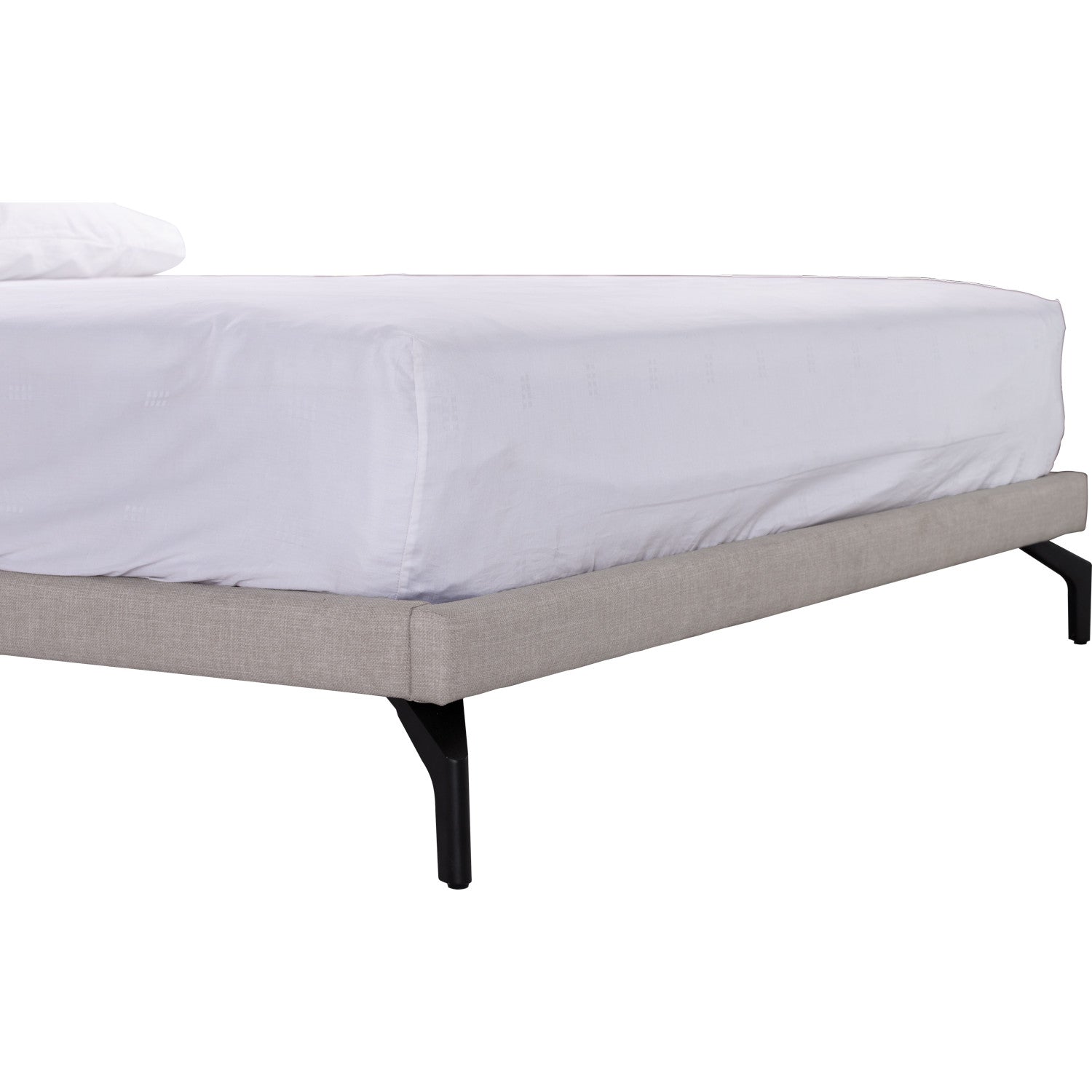Bed with a gray frame and white mattress on a white background