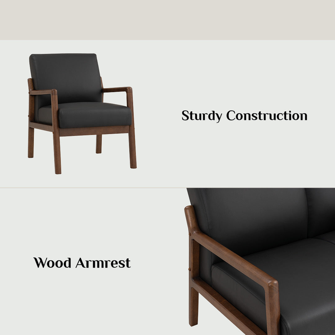 Black armchair with wooden armrests on a white background