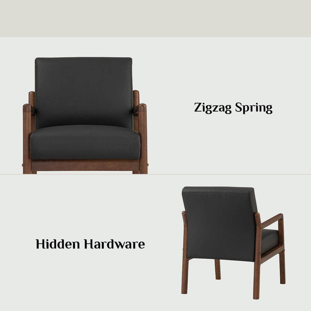 Two armchairs with 'Zigzag Spring' and 'Hidden Hardware' labels on a white background.