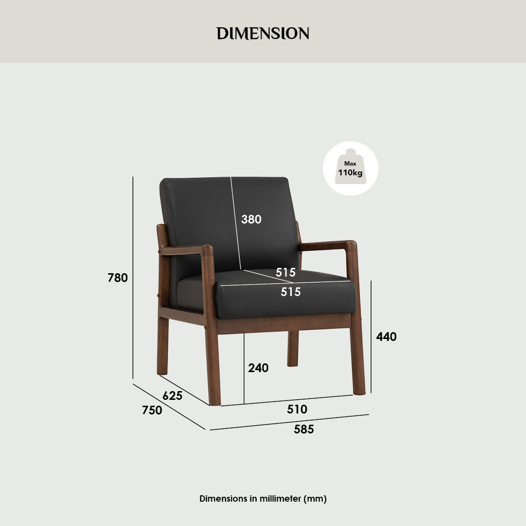 Black armchair with wooden frame and dimensions labeled on a white background
