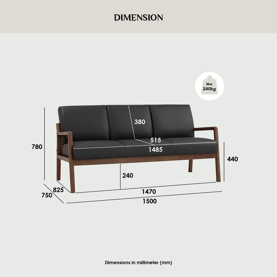 A dimension diagram of a three-seat sofa with black cushions and a medium brown wooden frame, showing measurements in millimeters on a light gray background.