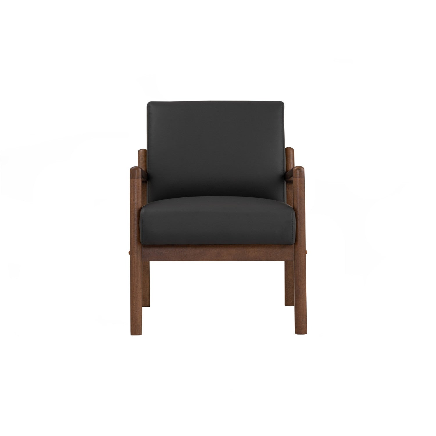 Chair with dark gray cushion and wooden frame on a white background
