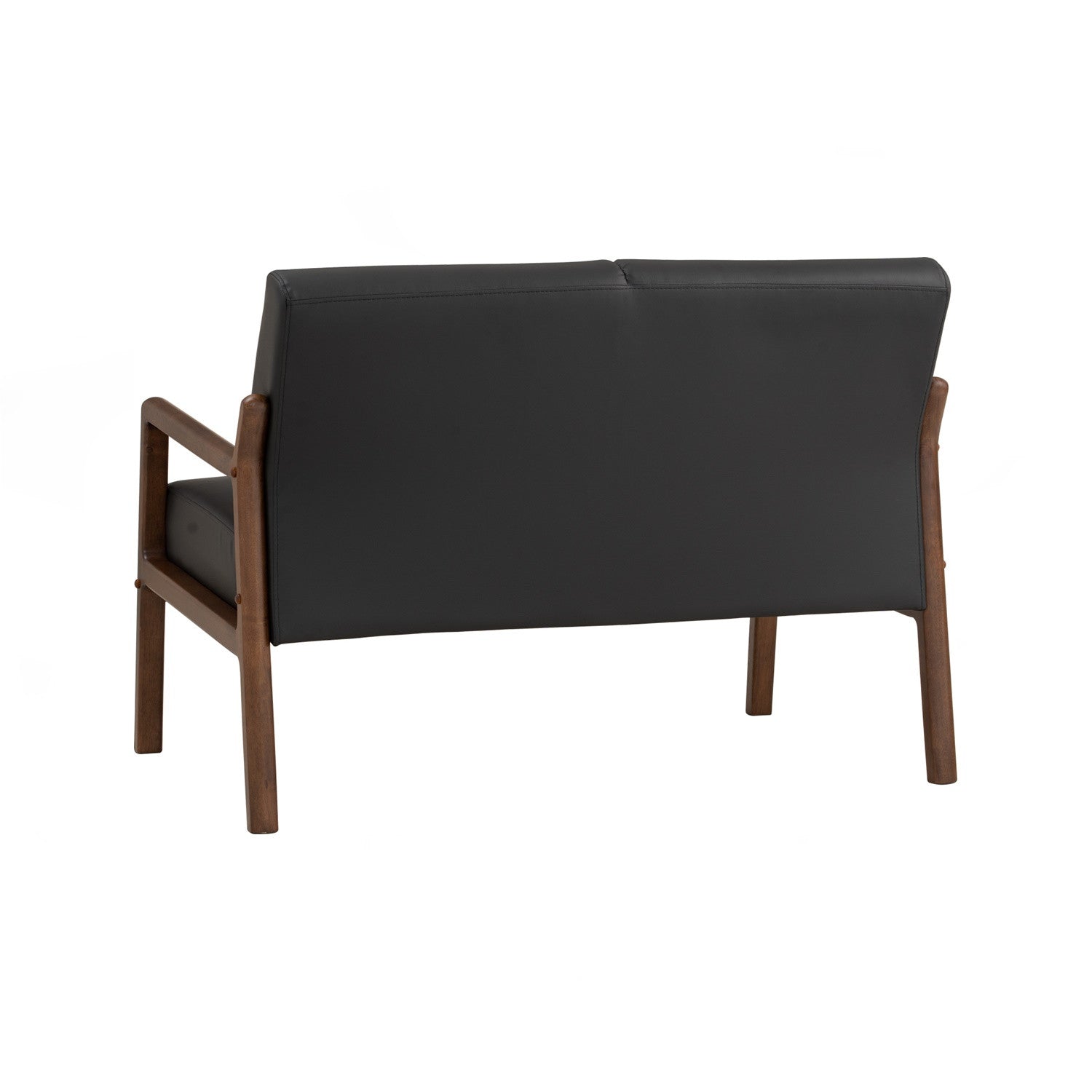 A modern two-seater sofa shown from the back, featuring a black upholstered backrest and seat cushion with a medium brown wooden frame and legs, isolated on a white background.