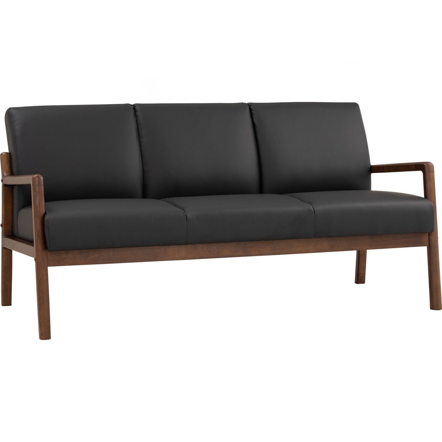 A three-seat sofa with black leather cushions and a medium brown wooden frame, shown against a plain white background.