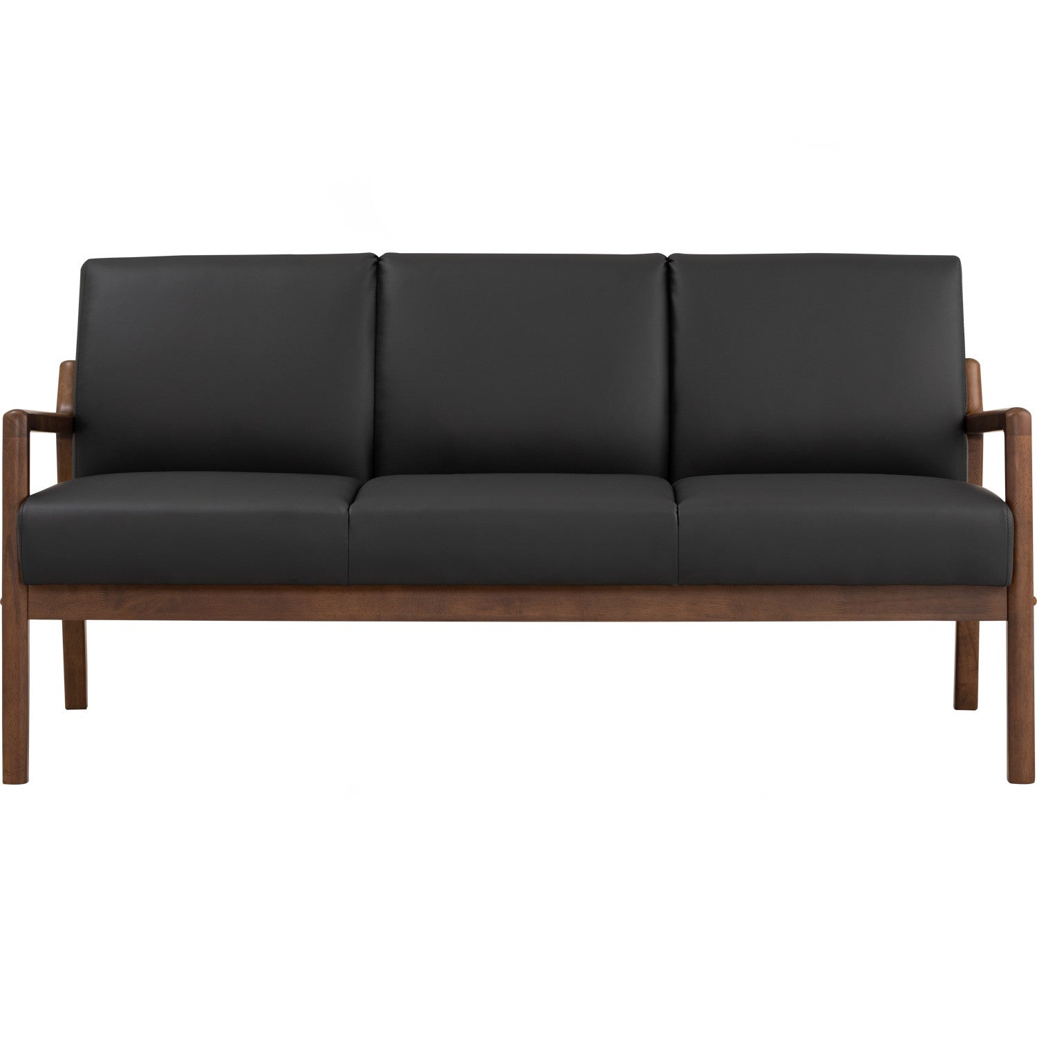A three-seat sofa with black leather cushions and a medium brown wooden frame, shown from a front-facing perspective against a plain white background.