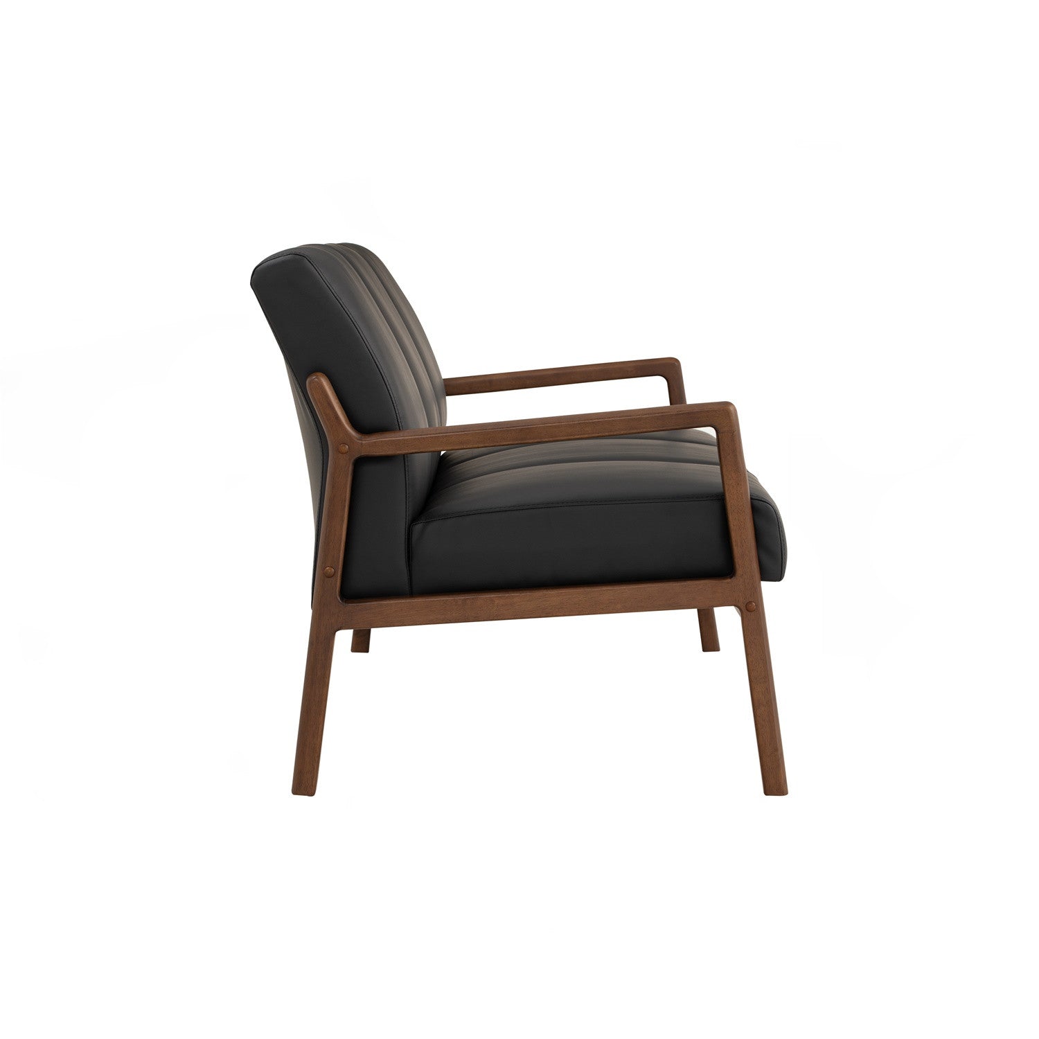 A mid-century modern accent chair with black leather upholstery and a warm brown wooden frame, shown from a side profile on a solid white background.
