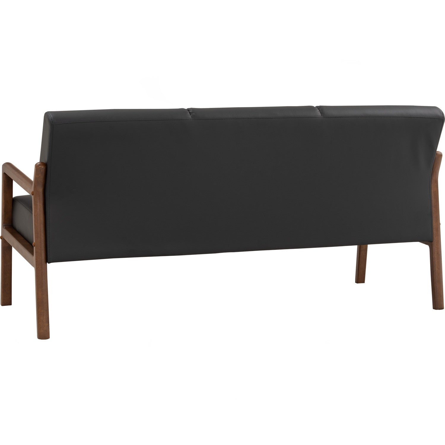 A modern three-seater sofa shown from the back, featuring a black upholstered backrest and seat cushion with a warm brown wooden frame and legs, isolated on a white background.