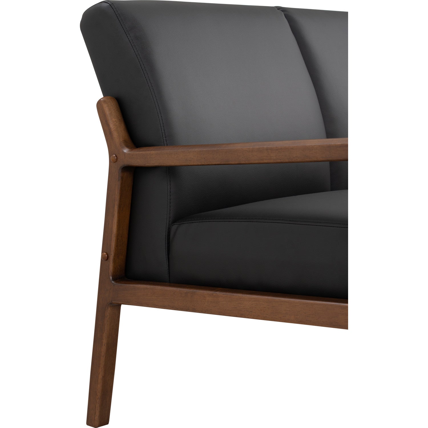 Close-up of a modern armchair with black upholstered seat and back cushions and a medium brown wooden frame, shown on a white background.