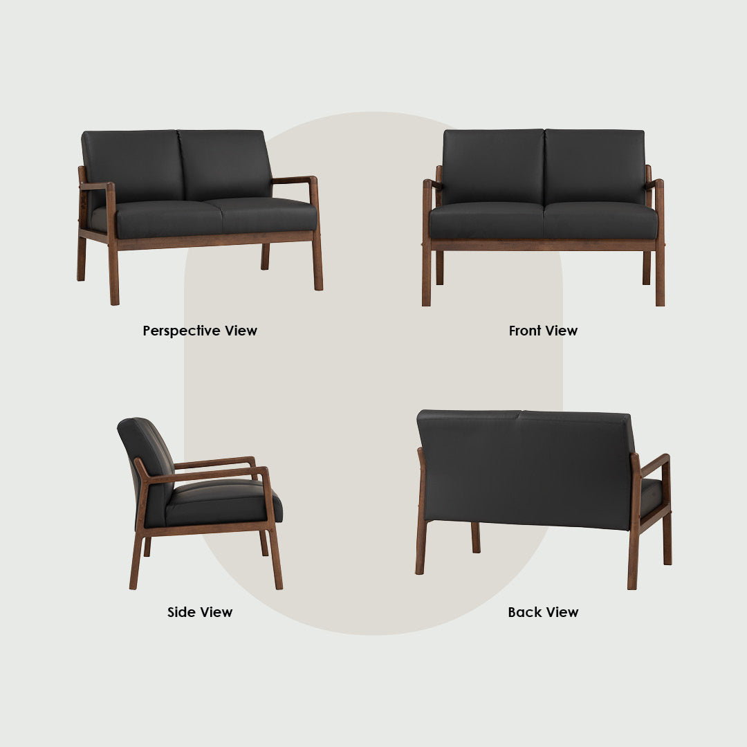 A four-view furniture catalog graphic showing a two-seat sofa from multiple angles: Perspective View, Front View, Side View, and Back View. The sofa has black upholstered cushions and a medium brown wooden frame, set against a light gray background with a soft beige circular shape behind it.
