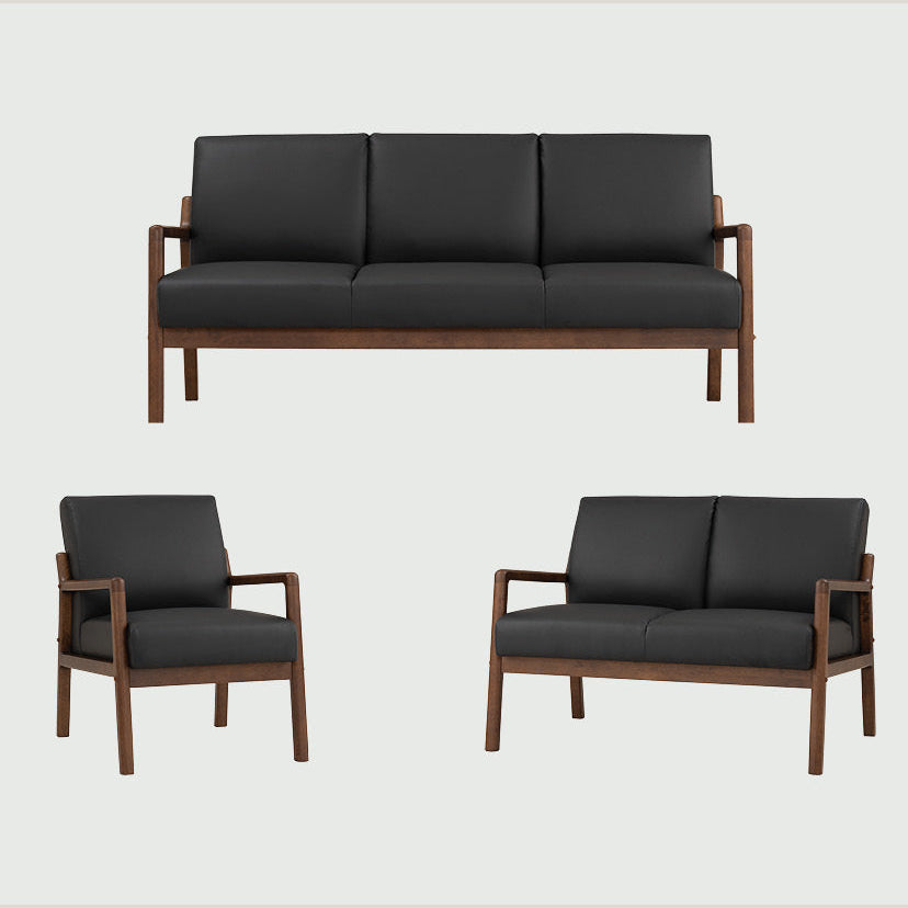 MENDO SOFA branding graphic showing three views of a wooden-framed seating piece: a three-seat sofa at the top, a loveseat at lower right, and an armchair at lower left. The upholstery is black or very dark charcoal, with medium brown wood arms and legs.