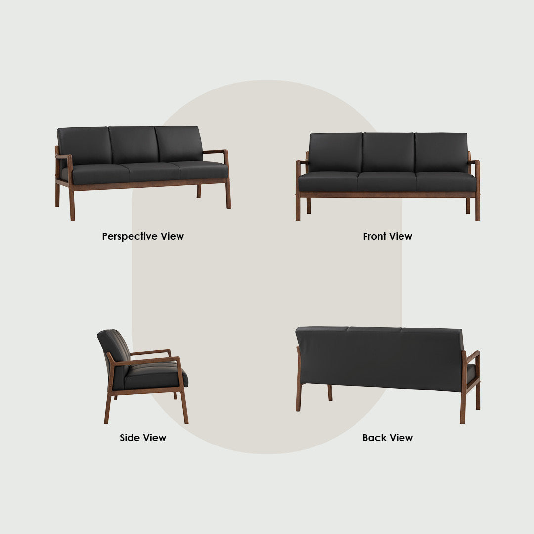 A four-view product presentation of a modern three-seat sofa on a light gray background. The views are labeled 'Perspective View', 'Front View', 'Side View', and 'Back View'.