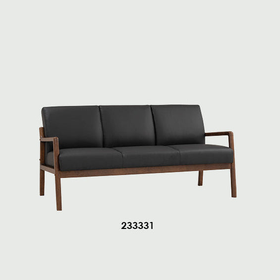 Product catalog graphic for the MENDO 3 SEATER sofa, showing two color options: a natural tan sofa (23329) and a black fabric sofa with dark wood legs (23331). A table at the bottom lists the coding, color key, and description.