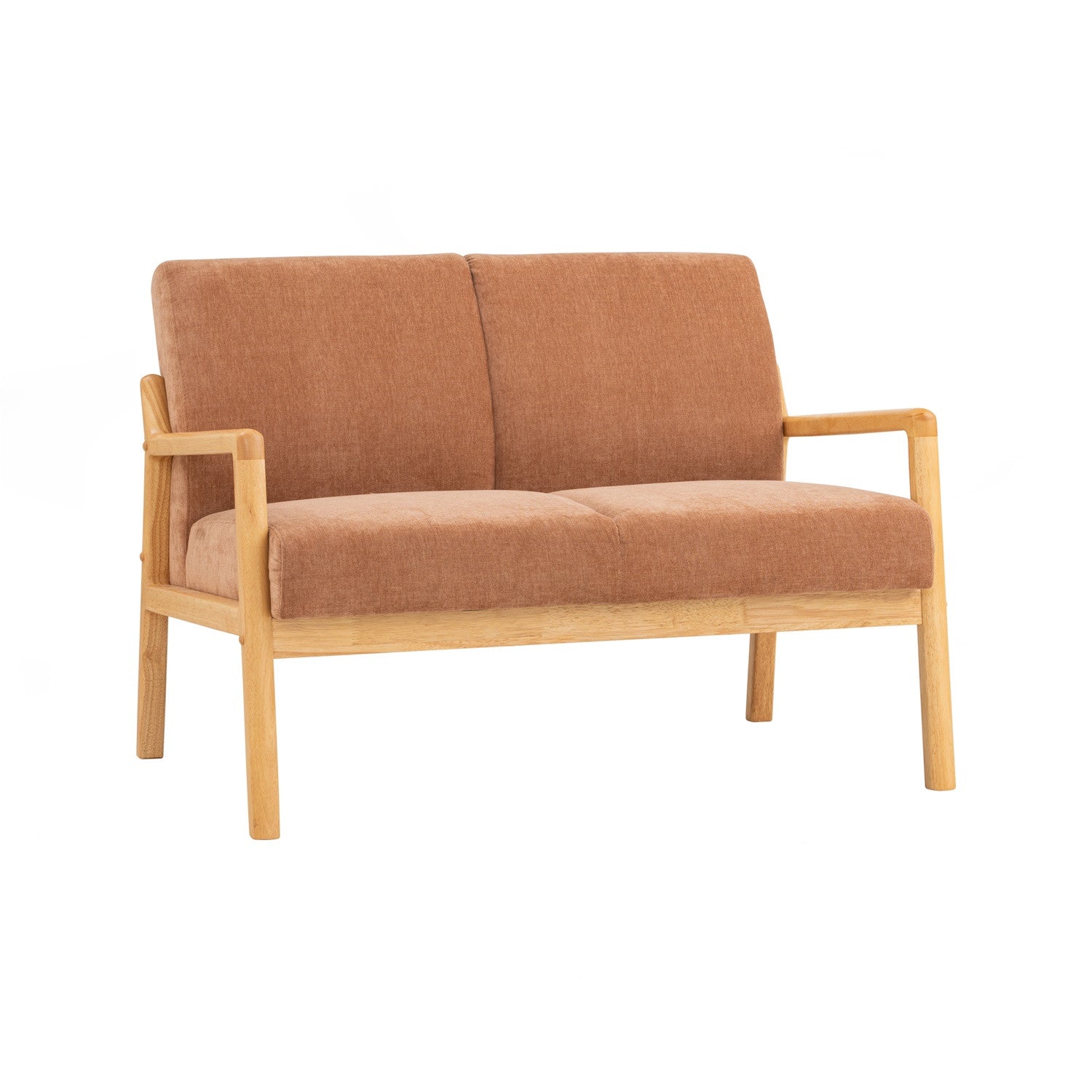 A modern two-seater loveseat sofa with a light natural wood frame and textured rust-orange fabric upholstery, shown against a plain white background.