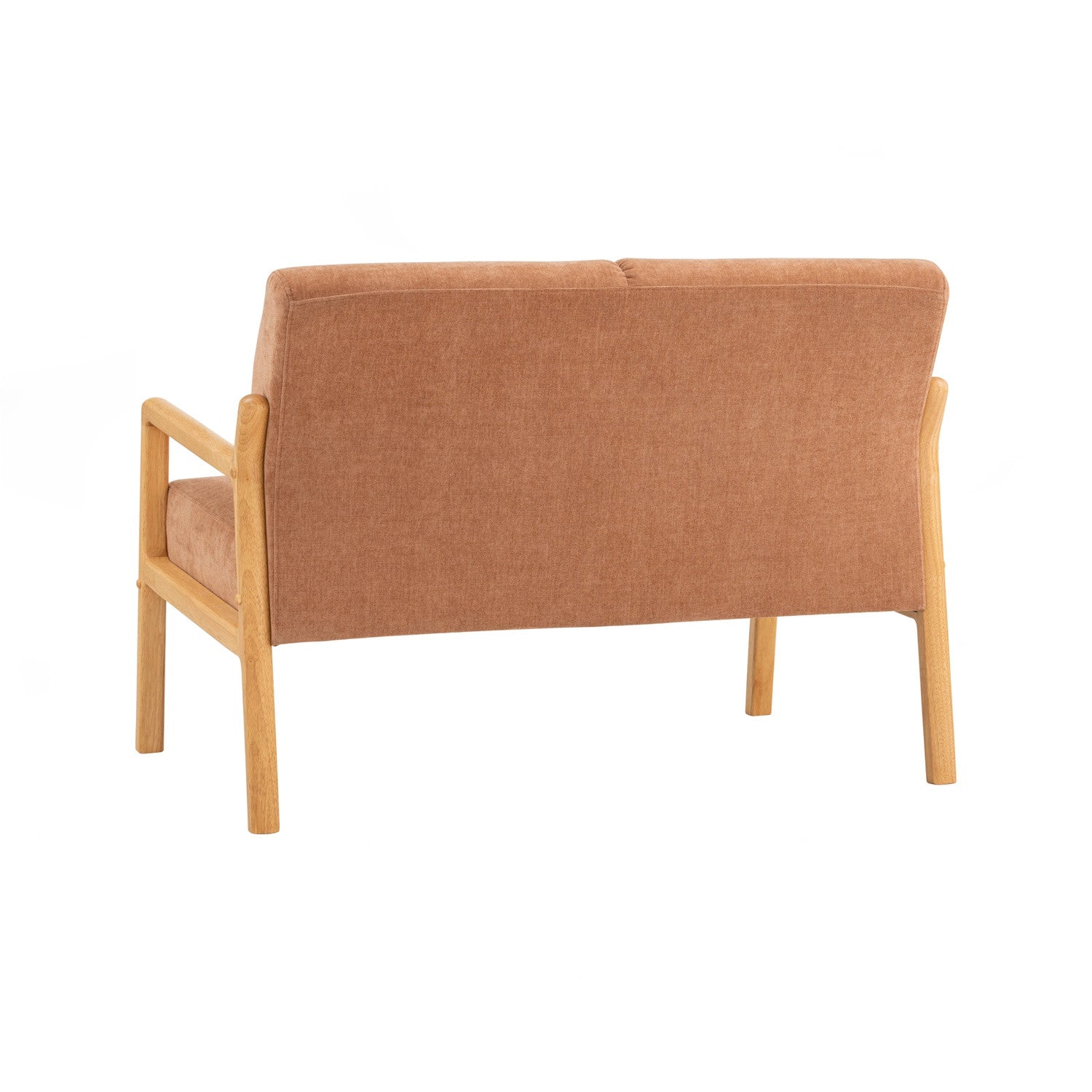 A modern two-seater loveseat sofa with a warm rust-orange textured fabric upholstery and light natural wood legs and armrests, shown from a rear three-quarter angle on a white background.