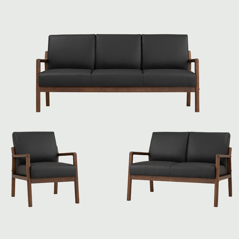 Mendo sofa set with black cushions and wooden frames on a white background, featuring the Mendo brand.