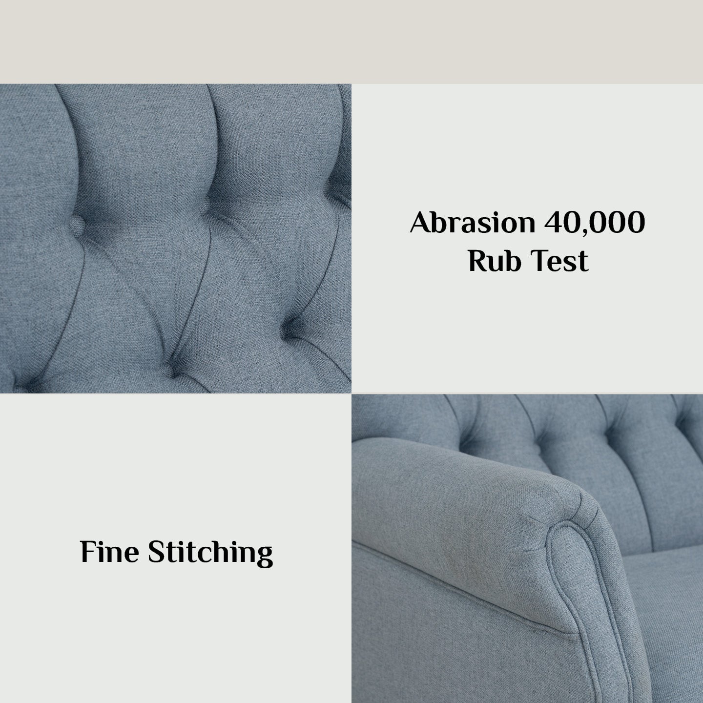 Gray tufted sofa with 'Abrasion 40,000 Rub Test' and 'Fine Stitching' text on a beige background.