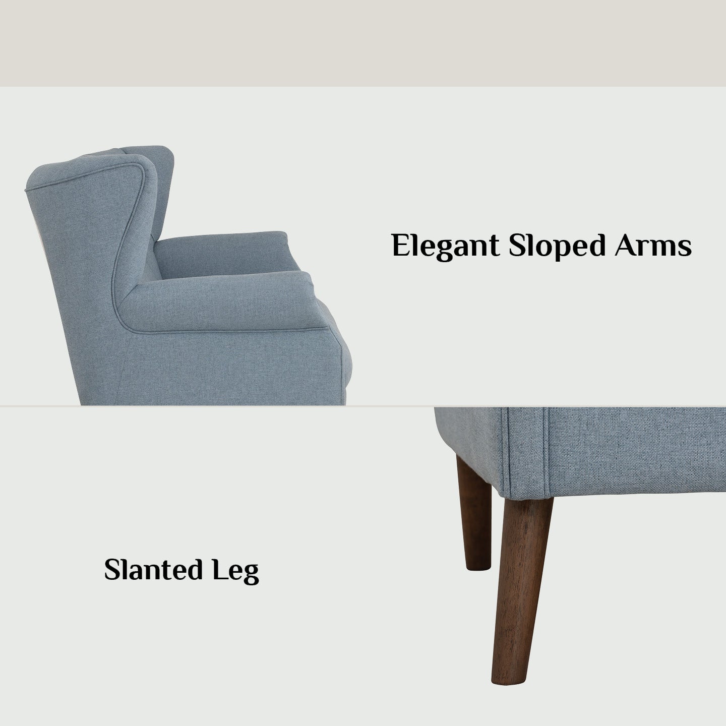 Gray upholstered chair with elegant sloped arms and slanted wooden legs on a white background.