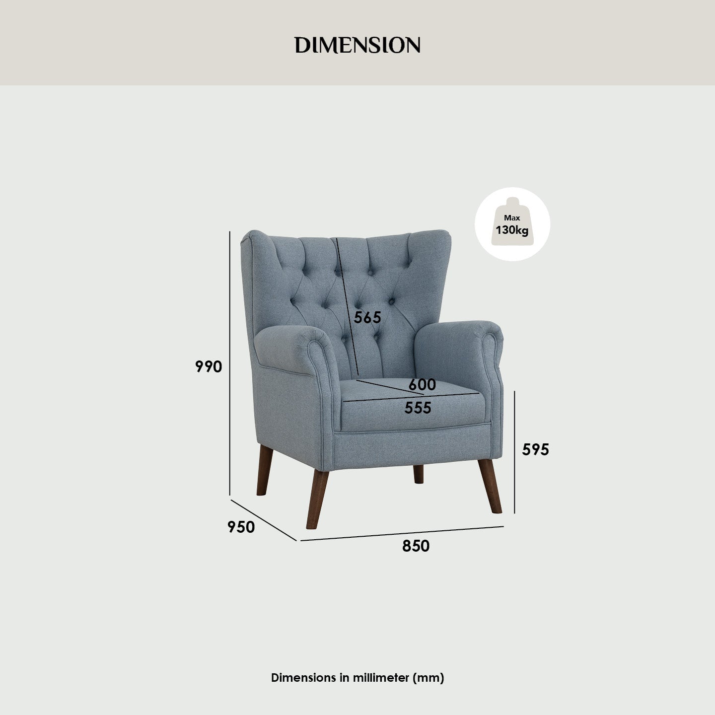 Gray armchair with dimensions labeled on a white background