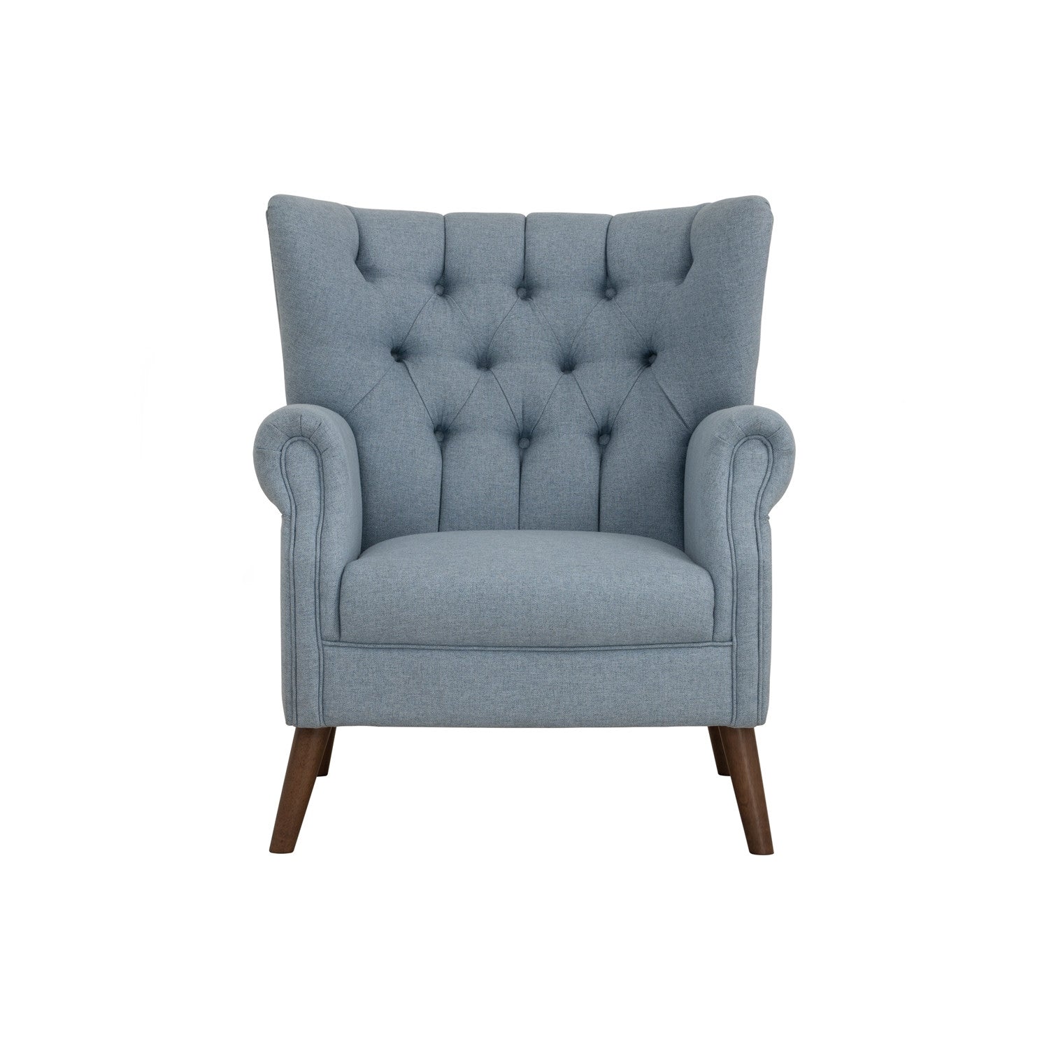 Gray armchair with tufted backrest on a white background