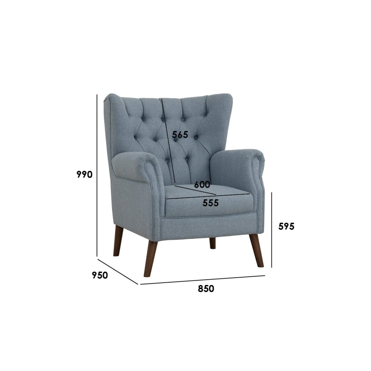 Gray armchair with dimensions labeled on a white background
