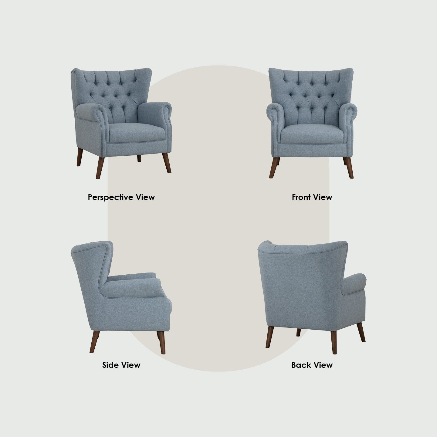 Blue armchair shown from multiple angles on a white background