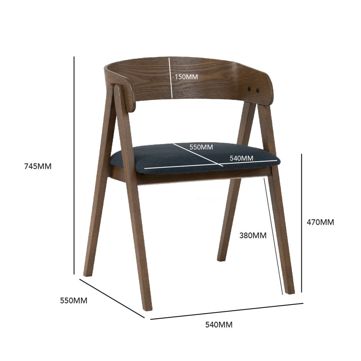 ARKA dining chair with dimensions on a white background