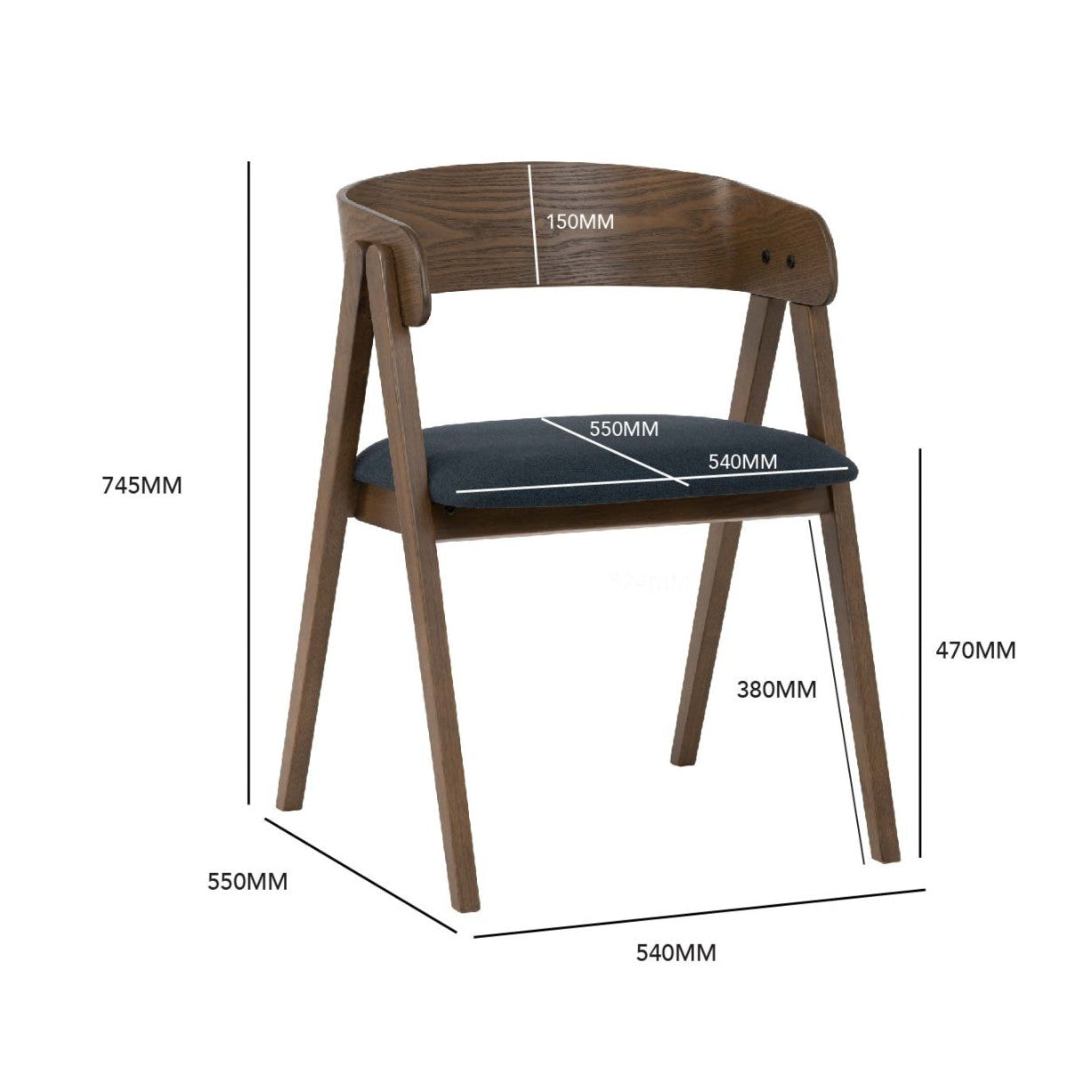 ARKA dining chair with dimensions on a white background