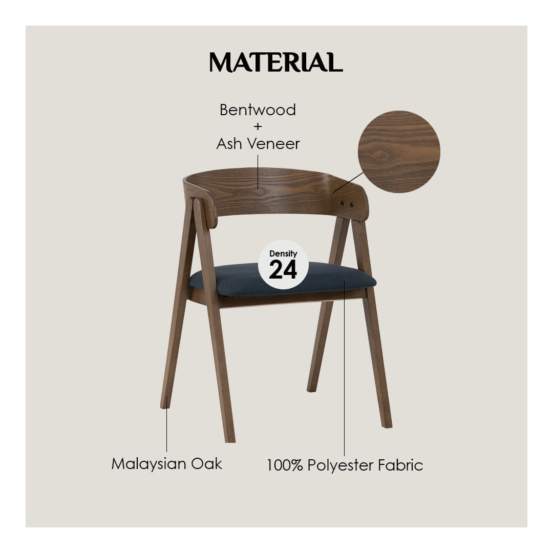 Wooden chair with material specifications on a beige background