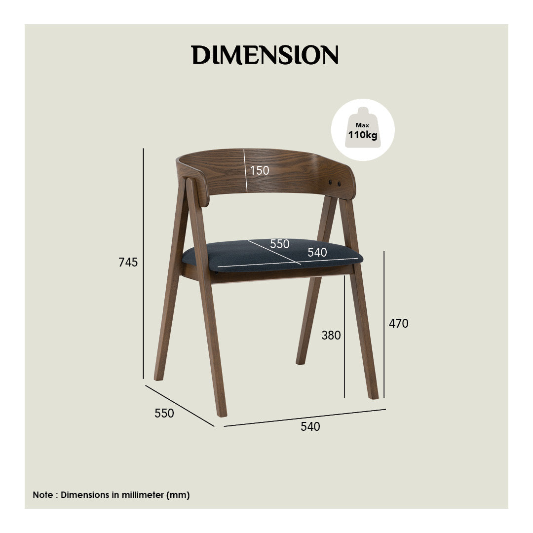 Wooden chair with dimensions labeled on a beige background